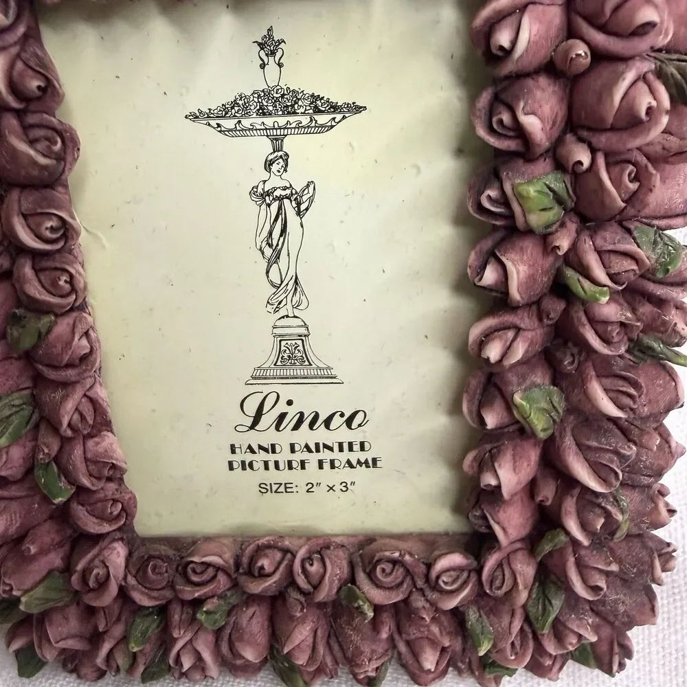 Vintage Linco Hand Painted 2” x 3” Detailed Floral Rose Cottage Picture Frame